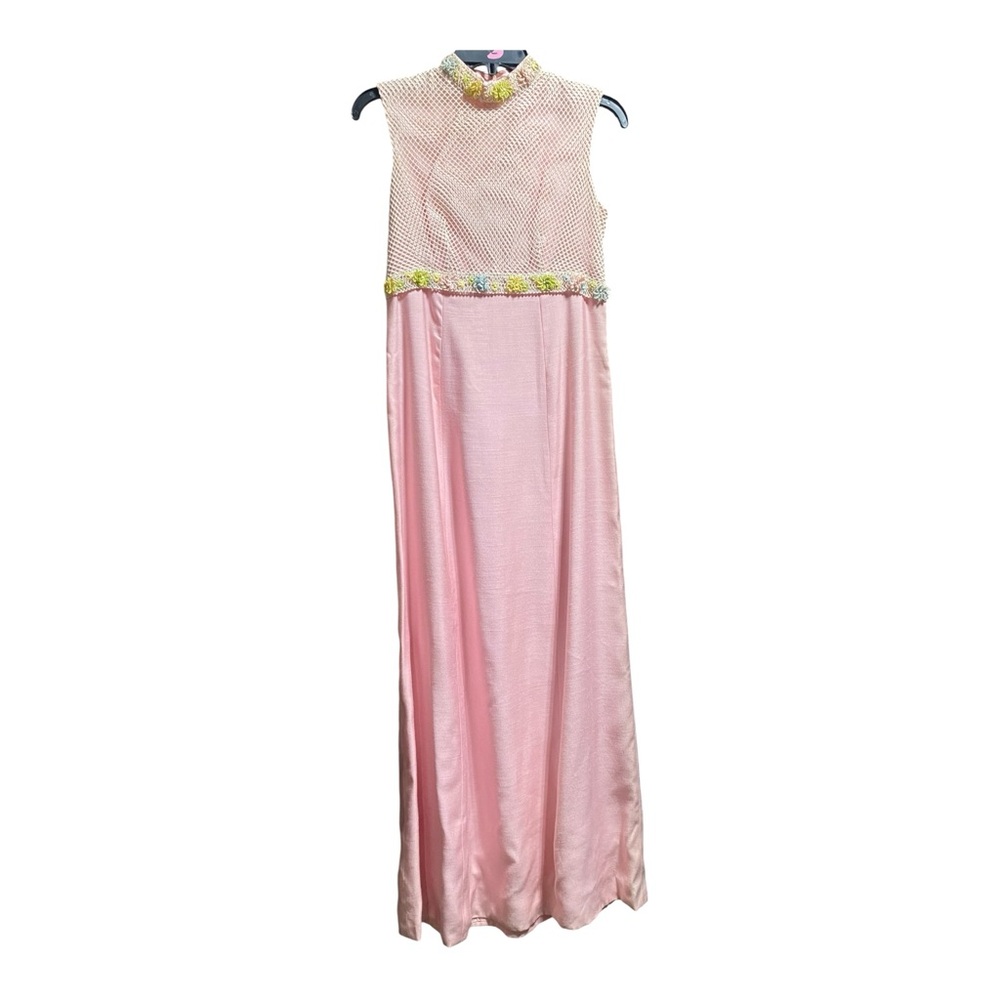 Vintage 70s Custom Long Formal Gown Pink W/ Lattice Top Fabric Flowers w/ Sash